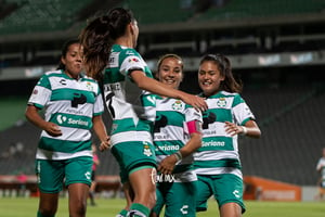 celebración de gol de santos, Cinthya Peraza, Karla Martínez | Santos vs Tigres jornada 3 apertura 2019 Liga MX femenil