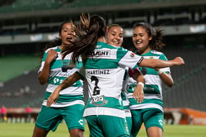 celebración de gol, Cinthya Peraza, Karla Martínez, Alexxand | Santos vs Tigres jornada 3 apertura 2019 Liga MX femenil