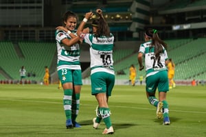festejo de gol, Cinthya Peraza, Alexxandra Ramírez, Ashly Ma | Santos vs Tigres jornada 3 apertura 2019 Liga MX femenil