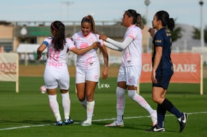 festejo de gol de Cinthya Peraza, Cinthya Peraza, Estela Góm | Santos vs Pumas J13 A2021 Liga MX femenil