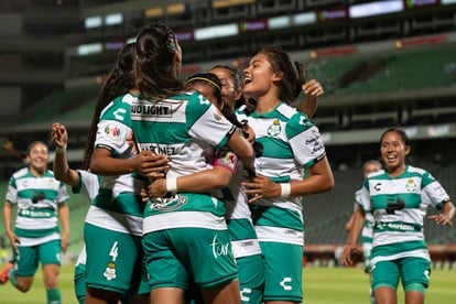 celebración de gol, Cinthya Peraza, Karla Martínez, Alexxand | Santos vs Tigres jornada 3 apertura 2019 Liga MX femenil