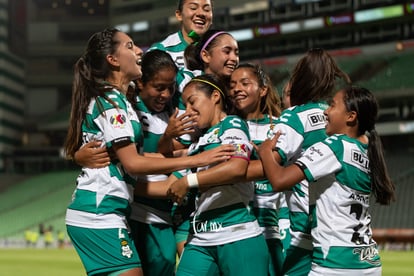 celebración de gol, Cinthya Peraza, Katia Estrada, Karla Mar | Santos vs Tigres jornada 3 apertura 2019 Liga MX femenil