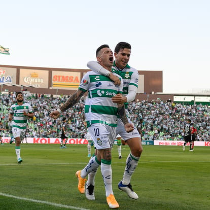 Festejo de gol Brian Lozano, Brian Lozano, Ulíses Rivas | Santos vs Pachuca J12 C2022 Liga MX