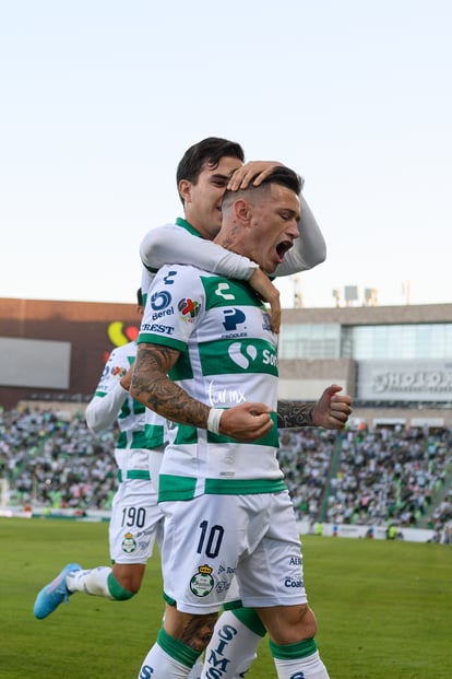 Festejo de gol Brian Lozano, Brian Lozano, Ulíses Rivas | Santos vs Pachuca J12 C2022 Liga MX