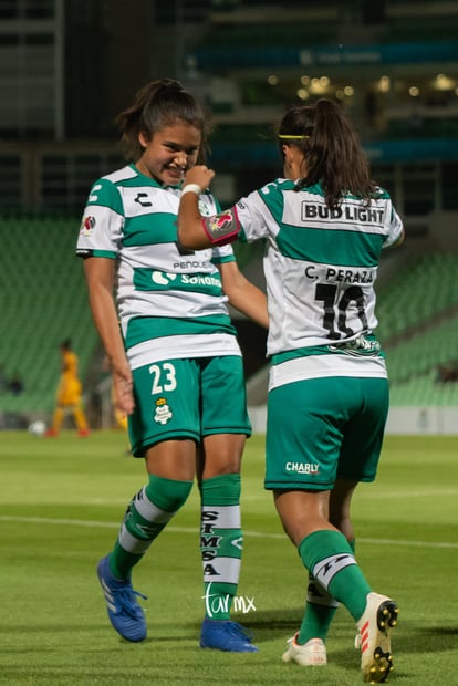 festejo de gol, Cinthya Peraza, Alexxandra Ramírez | Santos vs Tigres jornada 3 apertura 2019 Liga MX femenil