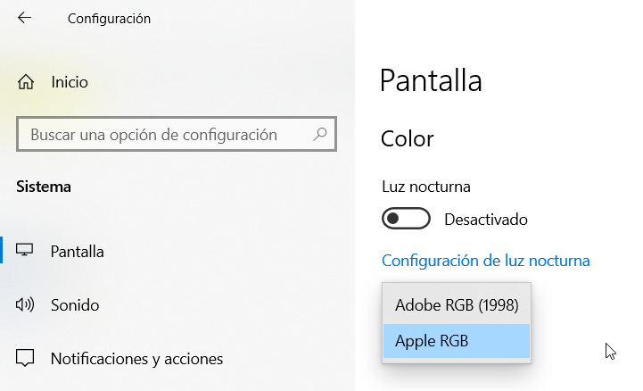 Añadir o cambiar el perfil de color en Windows 10